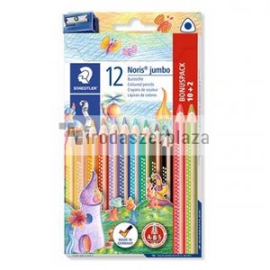 Színes ceruza készlet, háromszögletű, vastag, hegyezővel, STAEDTLER "Noris Jumbo 128", 10+2 különböző szín