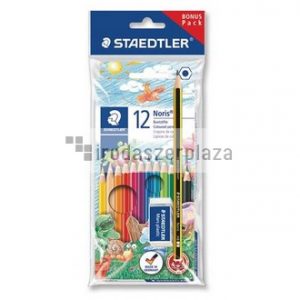Színes ceruza készlet, hatszögletű, ajándék grafitceruzával és radírral, STAEDTLER "Noris 185", 12 különböző szín
