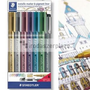 Dekormarker, 1-2 mm, kúpos, STAEDTLER "8323", 6 különböző metál szín, ajándék fekete tusfilccel
