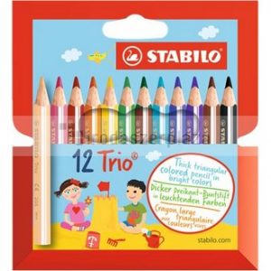 Színes ceruza készlet, háromszögletű, vastag, rövid, STABILO "Trio", 12 különböző szín
