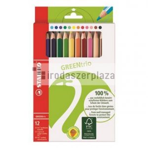 Színes ceruza készlet, háromszögletű, vastag, STABILO "GreenTrio", 12 különböző szín