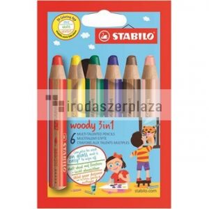 Színes ceruza készlet, kerek, vastag, STABILO "Woody 3 in 1", 6 különböző szín