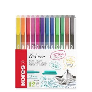 Tűfilc készlet, 0,4 mm, KORES "K-Liner", 12 különböző szín