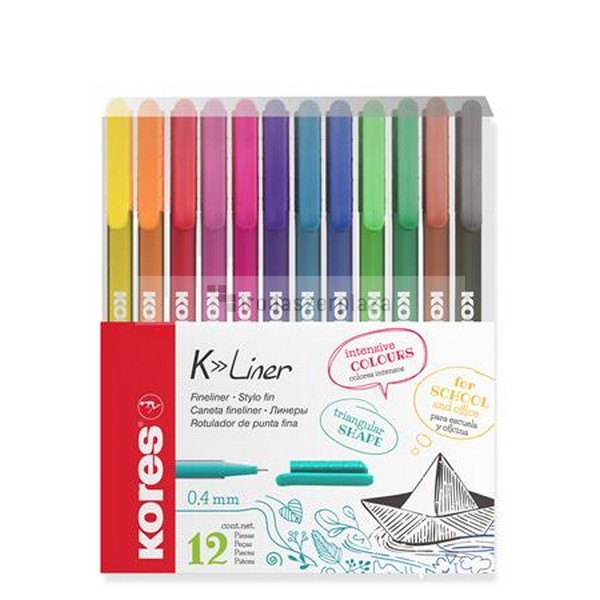 Tűfilc készlet, 0,4 mm, KORES "K-Liner", 12 különböző szín