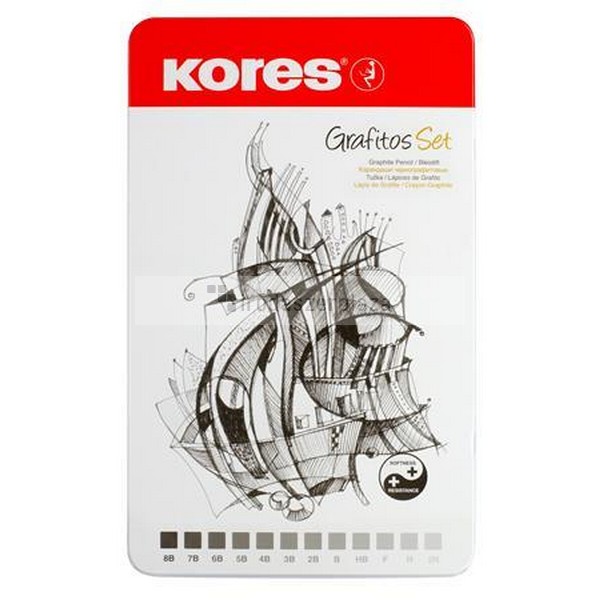 Grafitceruza készlet, fém doboz, háromszögletű, KORES "GRAFITOS", 12 különböző keménység