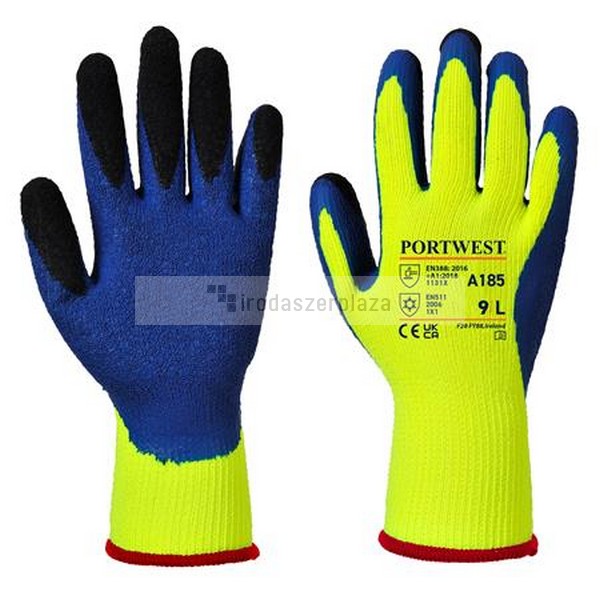 Védőkesztyű, latex, M méret "Duo-Therm", sárga-kék