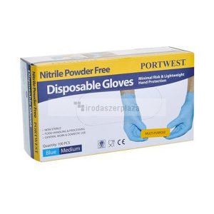 Védőkesztyű, egyszer használatos, nitril, L méret, púder nélküli, kék
