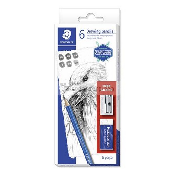 Grafitceruza készlet, hegyezővel, radírral, hatszögletű, STAEDTLER "Mars Lumograph 100", 6 különböző keménység