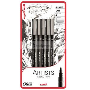 Rajzmarker készlet, UNI PIN "Artist Selection", 5 különböző vonalvastagság, fekete