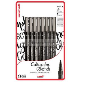 Rajzmarker készlet, UNI PIN "Calligraphy", 8 különböző vonalvastagság, fekete